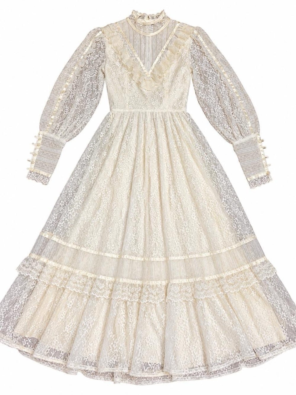 Vintage 1970s Gunne Sax by Jessica Ivory Lace Prairie Maxi Dress - Picture 2 of 6